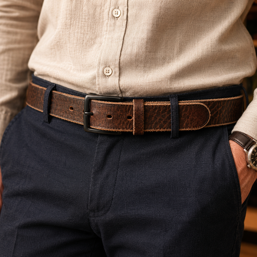 A close-up of a man wearing a brown textured leather belt with a black metal buckle, tucked into dark navy trousers and a beige linen button-up shirt.