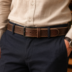 A close-up of a man wearing a brown textured leather belt with a black metal buckle, tucked into dark navy trousers and a beige linen button-up shirt.