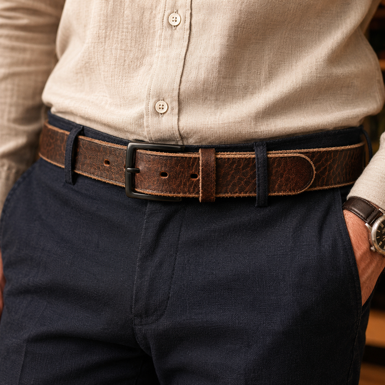 A close-up of a man wearing a brown textured leather belt with a black metal buckle, tucked into dark navy trousers and a beige linen button-up shirt.
