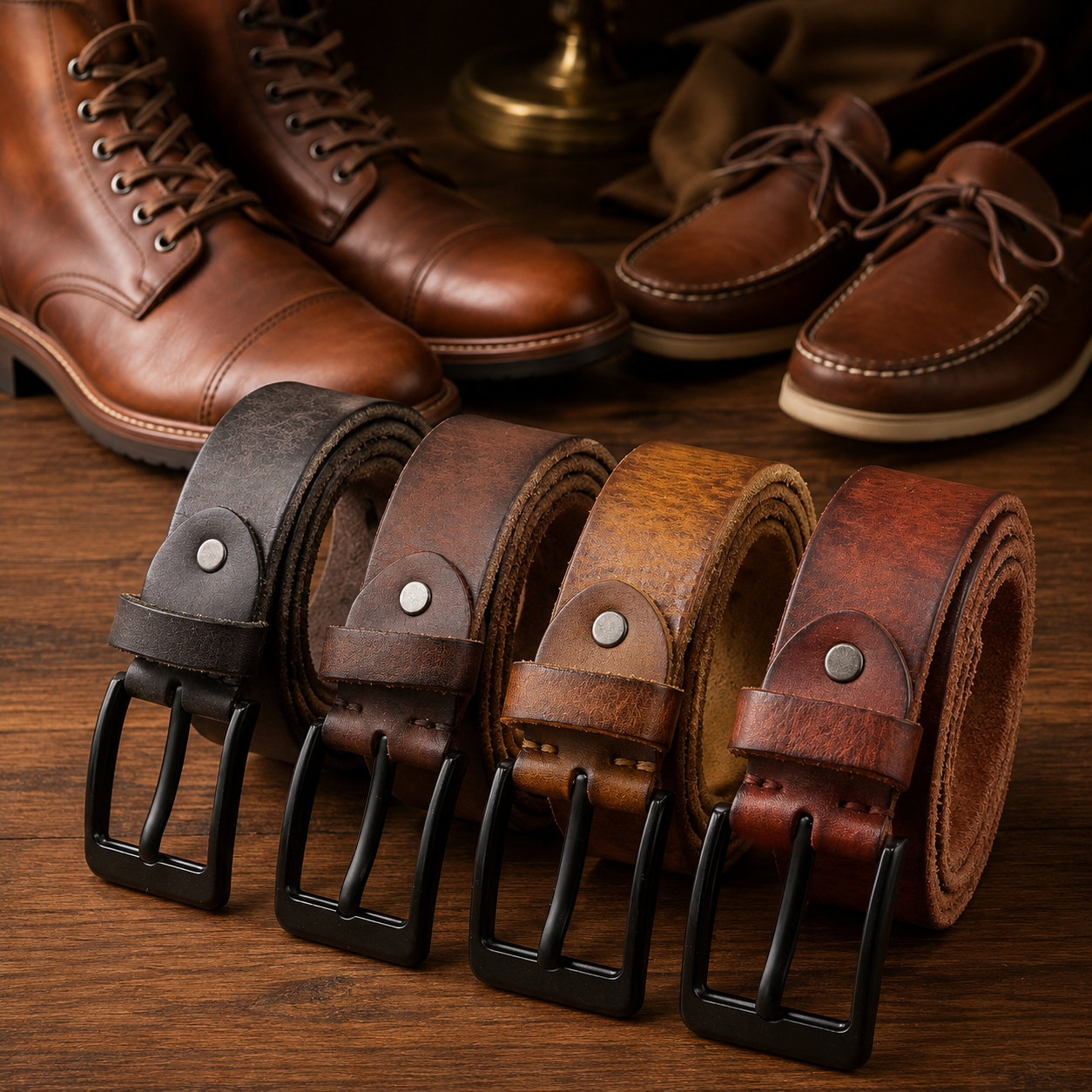 Four leather belts in different brown shades are arranged in a row on a wooden surface, each with a black metal buckle. In the blurred background, a pair of brown lace-up boots and brown loafers sits on a matching wood surface.