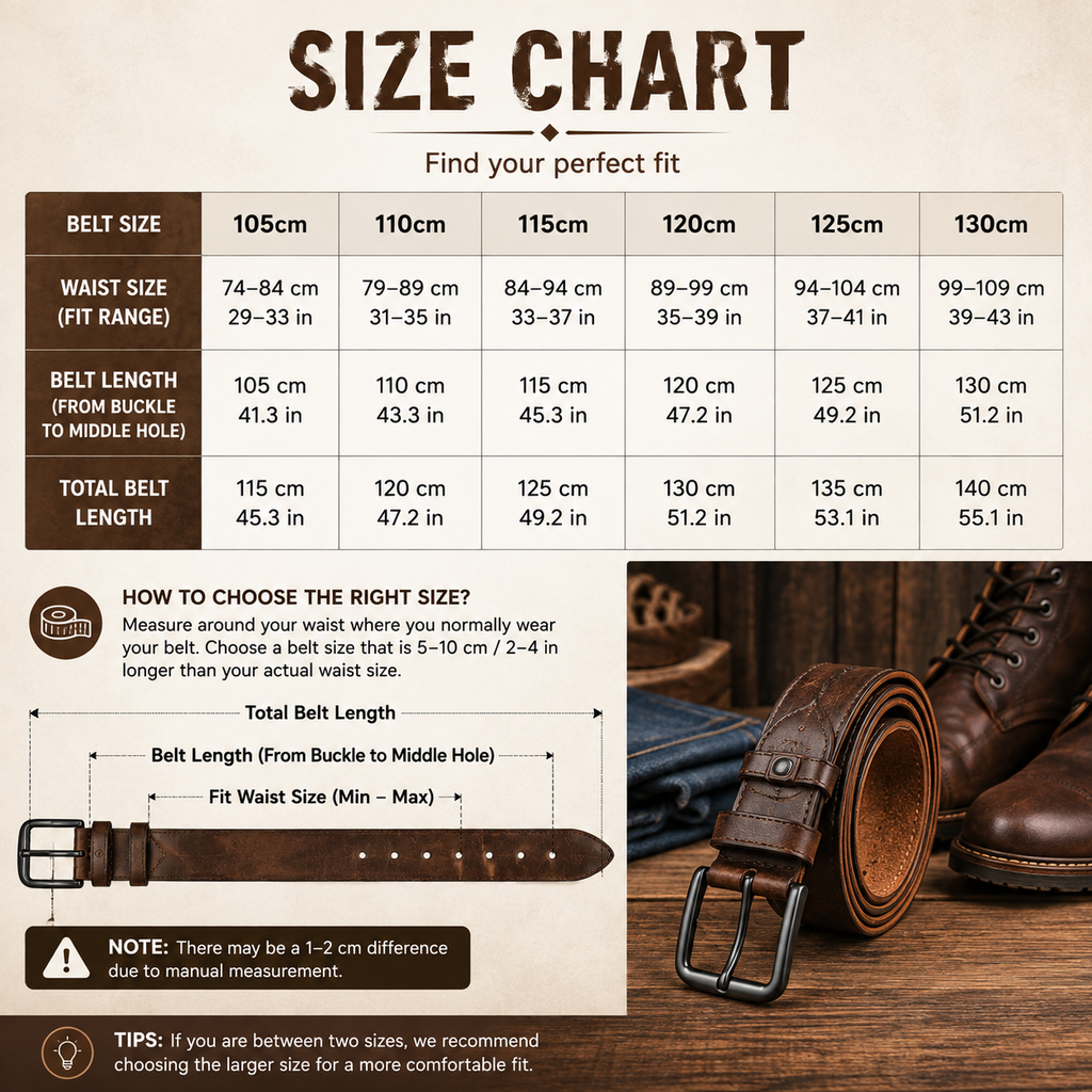 A size chart graphic for selecting a belt size, showing a conversion table between belt sizes in centimeters and waist sizes in inches, with explanatory text and a small diagram. The top of the chart reads 'SIZE CHART' in large brown letters, and the bottom includes a brown leather belt and a brown leather boot on a wood background.