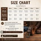 A size chart graphic for selecting a belt size, showing a conversion table between belt sizes in centimeters and waist sizes in inches, with explanatory text and a small diagram. The top of the chart reads 'SIZE CHART' in large brown letters, and the bottom includes a brown leather belt and a brown leather boot on a wood background.