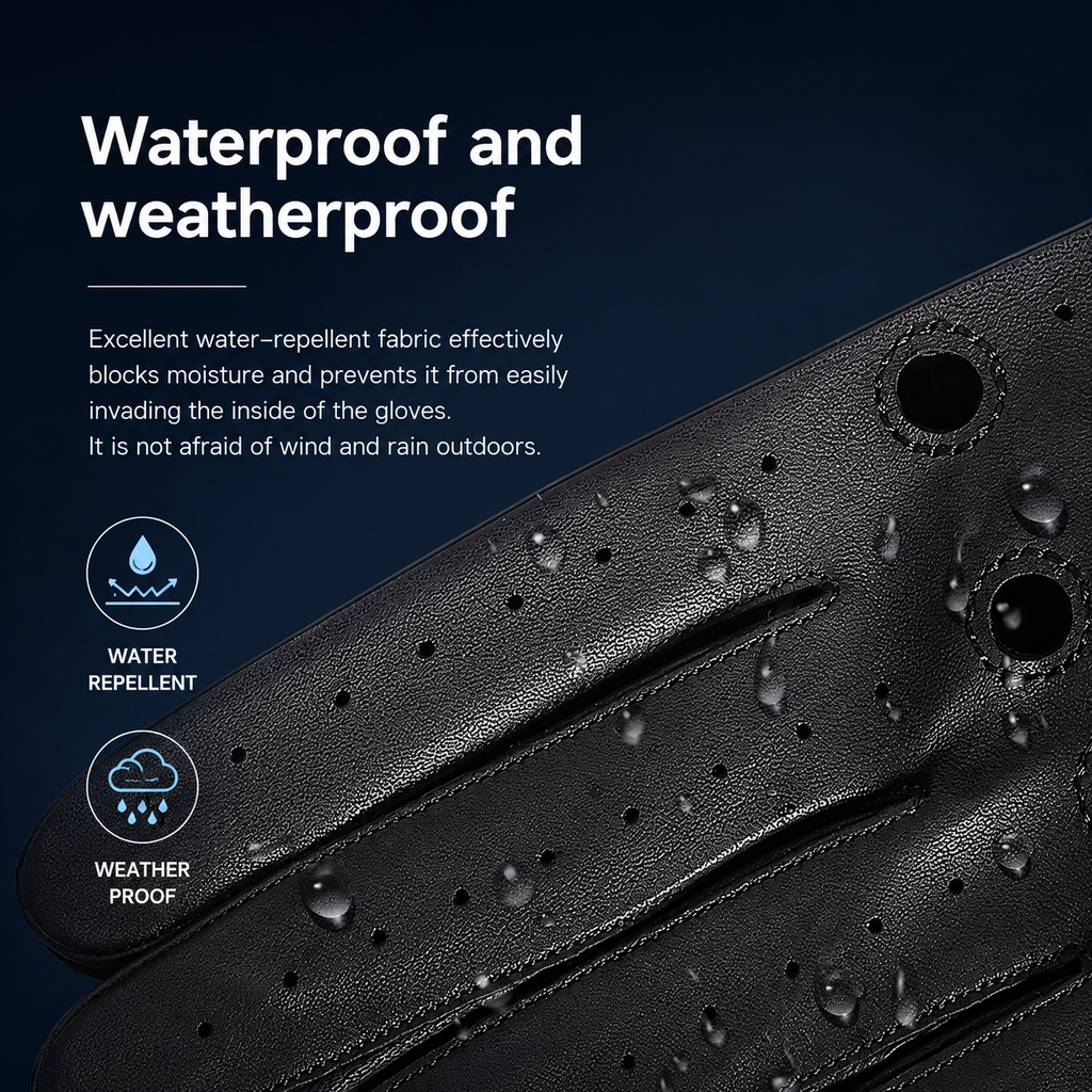 Black leather gloves with water droplets on the surface, featuring a dark blue background with white text reading 'Waterproof and weatherproof' and circular icons for water repellent and weather proof.