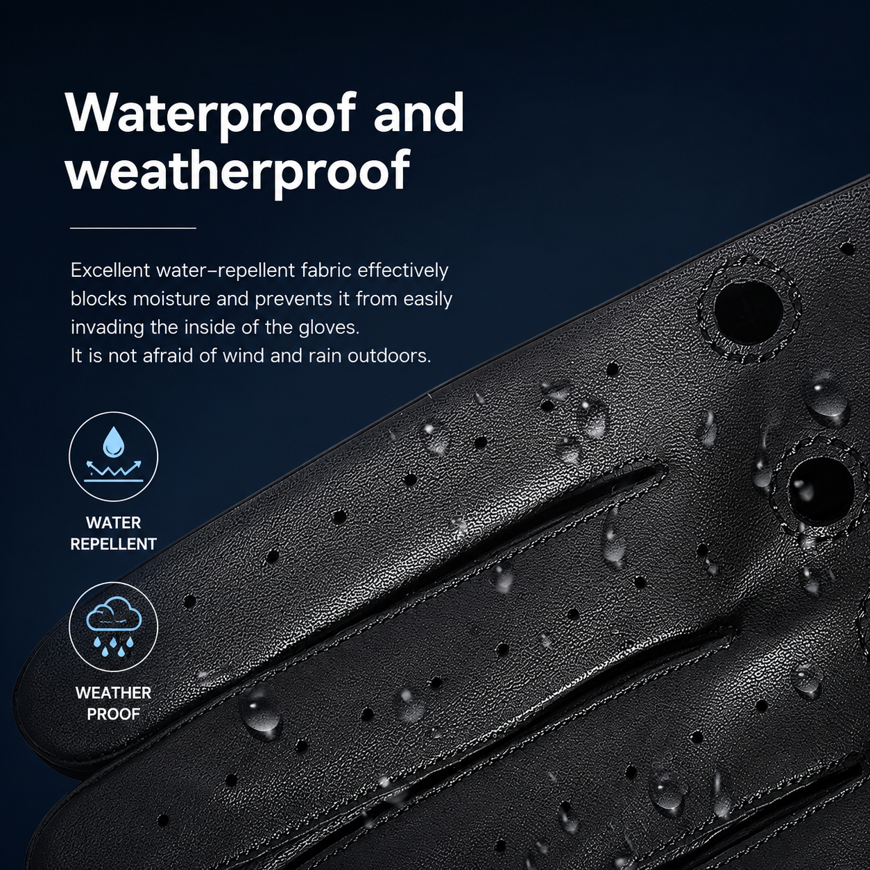 Black leather gloves with water droplets on the surface, featuring a dark blue background with white text reading 'Waterproof and weatherproof' and circular icons for water repellent and weather proof.