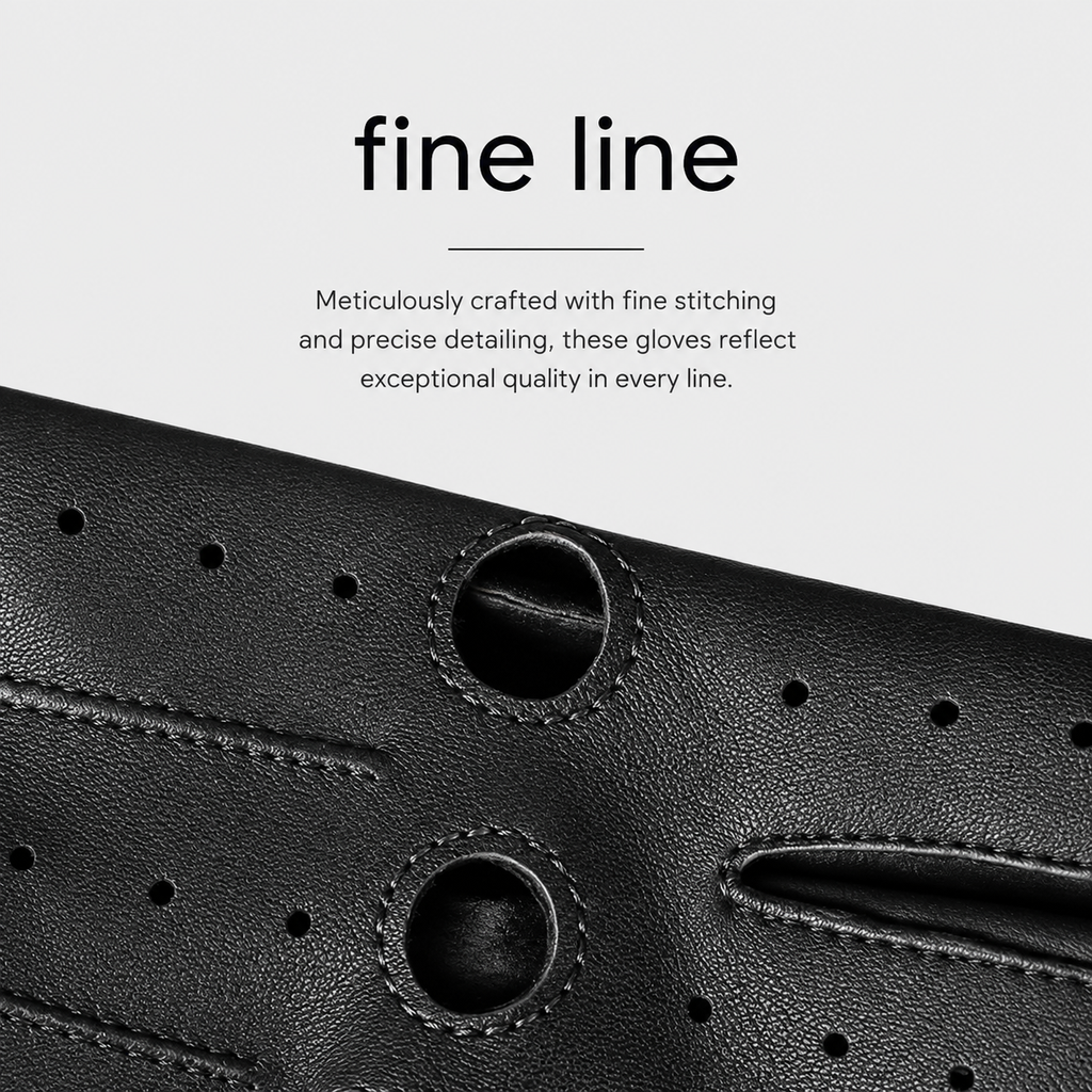 Close-up of a black leather glove with precise stitching and perforated details, with text above reading 'fine line' and a short descriptive caption on a light gray background.