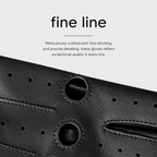 Close-up of a black leather glove with precise stitching and perforated details, with text above reading 'fine line' and a short descriptive caption on a light gray background.