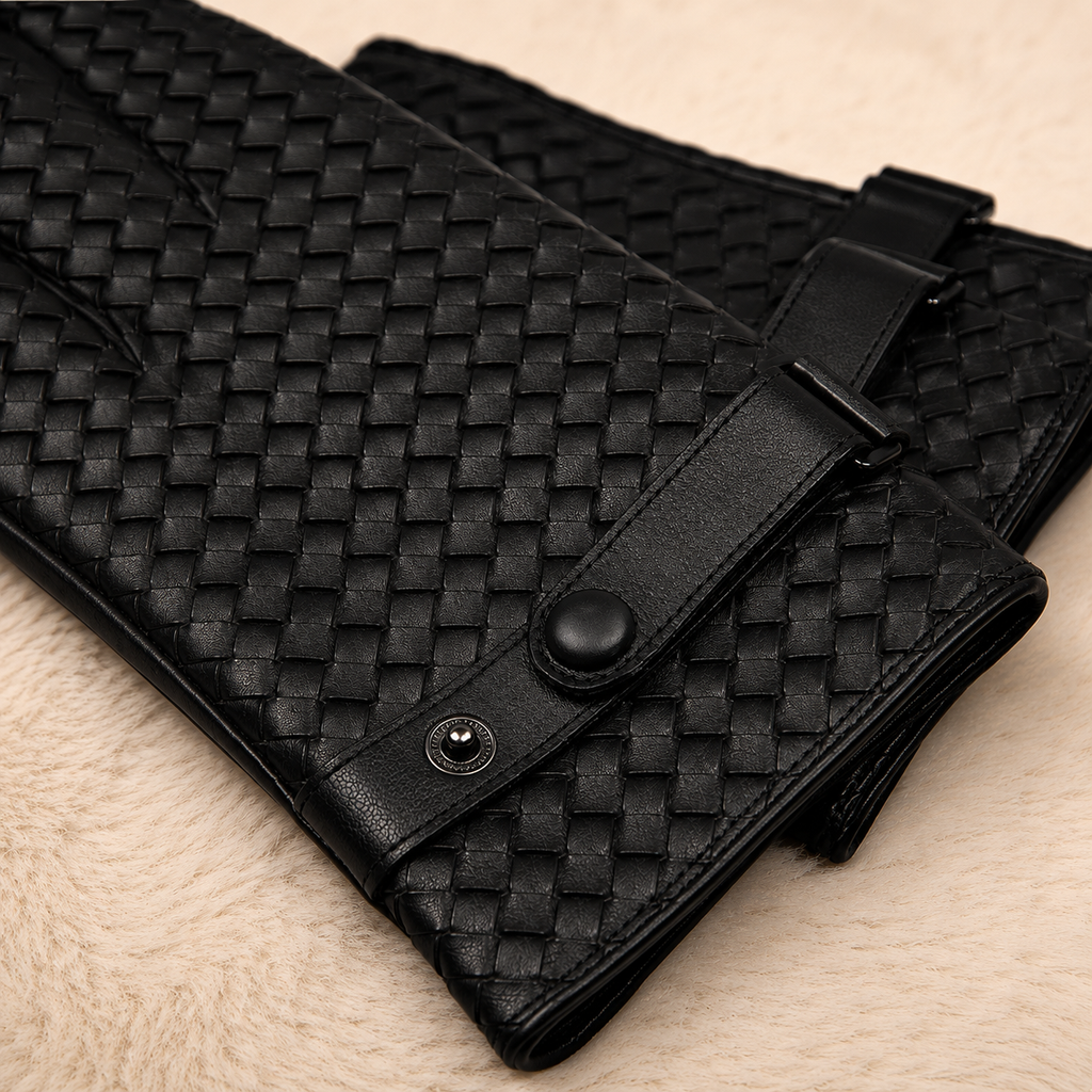 Black woven leather accessory with a strap and snap closure, photographed on a soft beige textured surface.