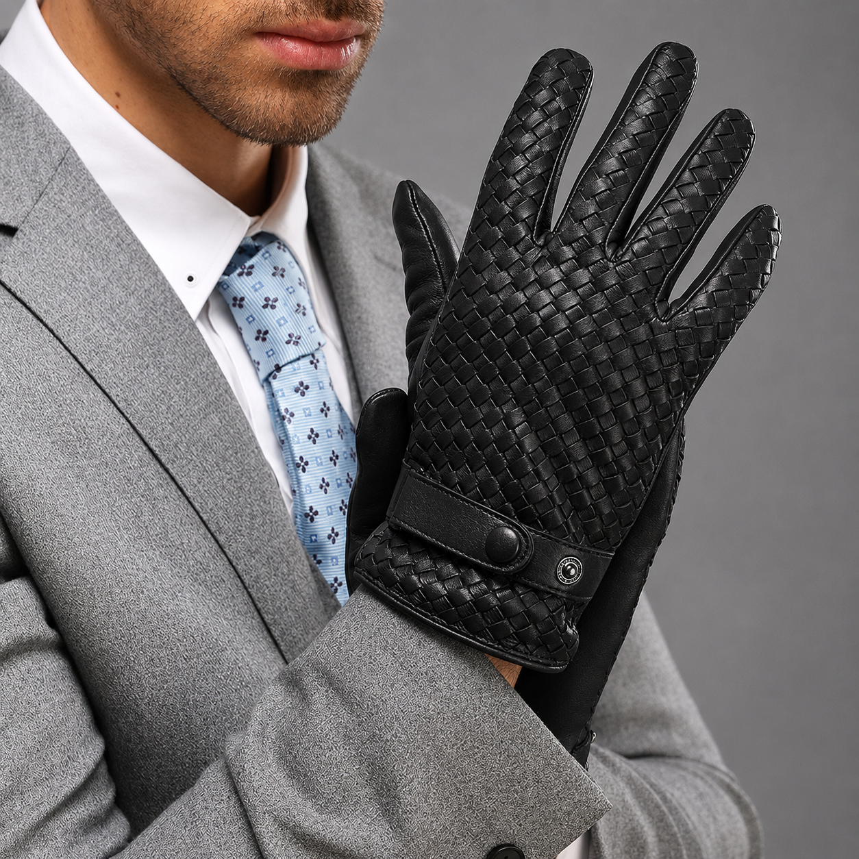 A close-up of a man wearing a gray suit and light blue patterned tie, holding up a black leather glove with a braided texture and a snap-button wrist strap.