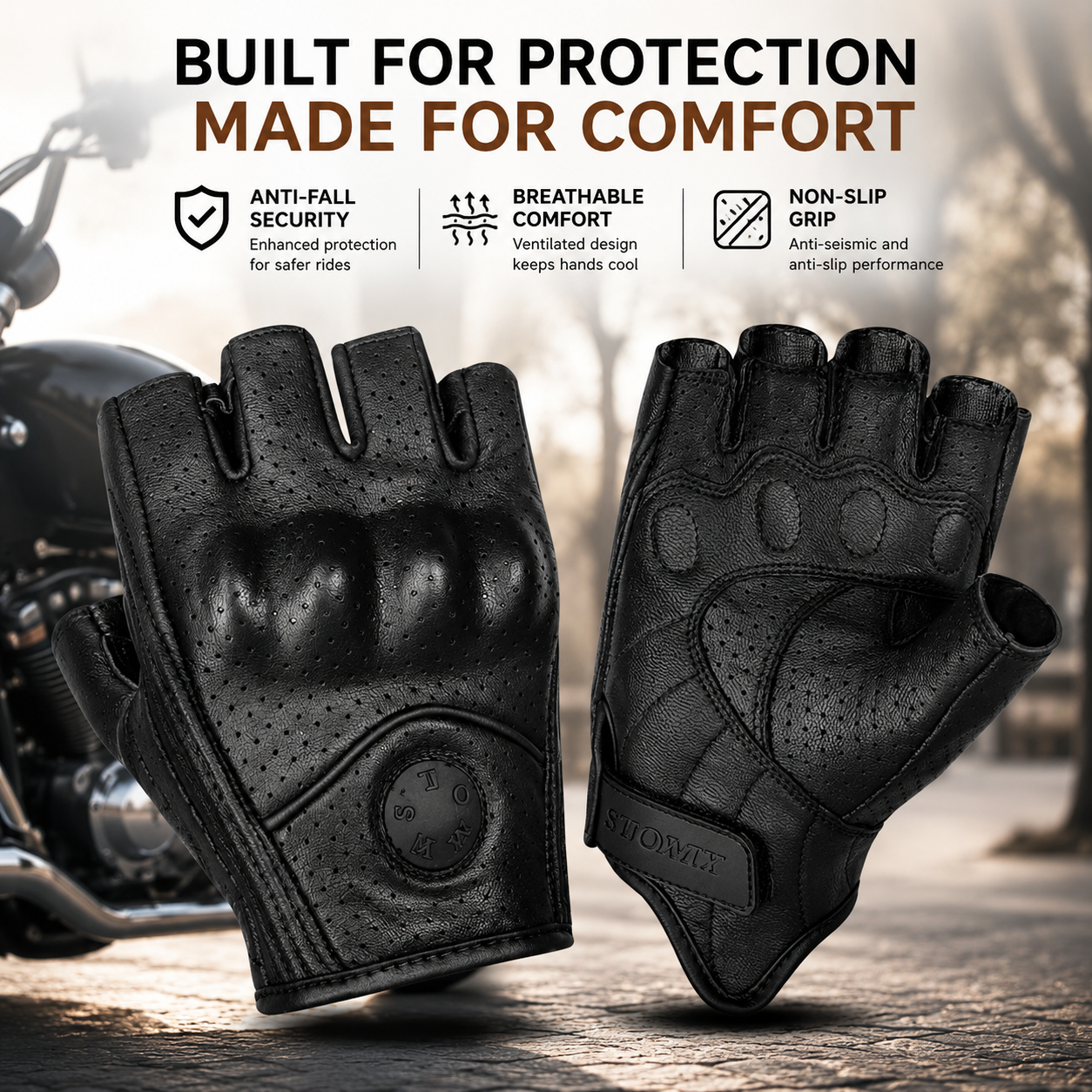 Black leather fingerless motorcycle gloves shown against a blurred street background with a motorcycle, with marketing text at the top about protection, comfort, and grip.