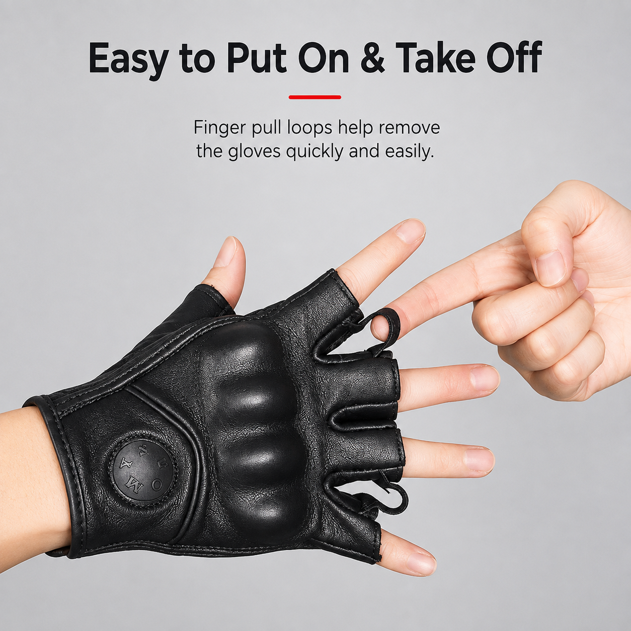 Black fingerless leather workout gloves shown on a hand, with a second hand pointing to the finger pull loop. Text at the top reads 'Easy to Put On & Take Off' with a smaller explanatory caption on a light gray background.