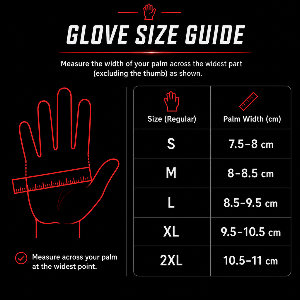 Glove size guide chart on a black background showing a red hand outline with a measuring ruler across the palm and a table listing sizes S, M, L, XL, and 2XL with corresponding palm width ranges in centimeters.