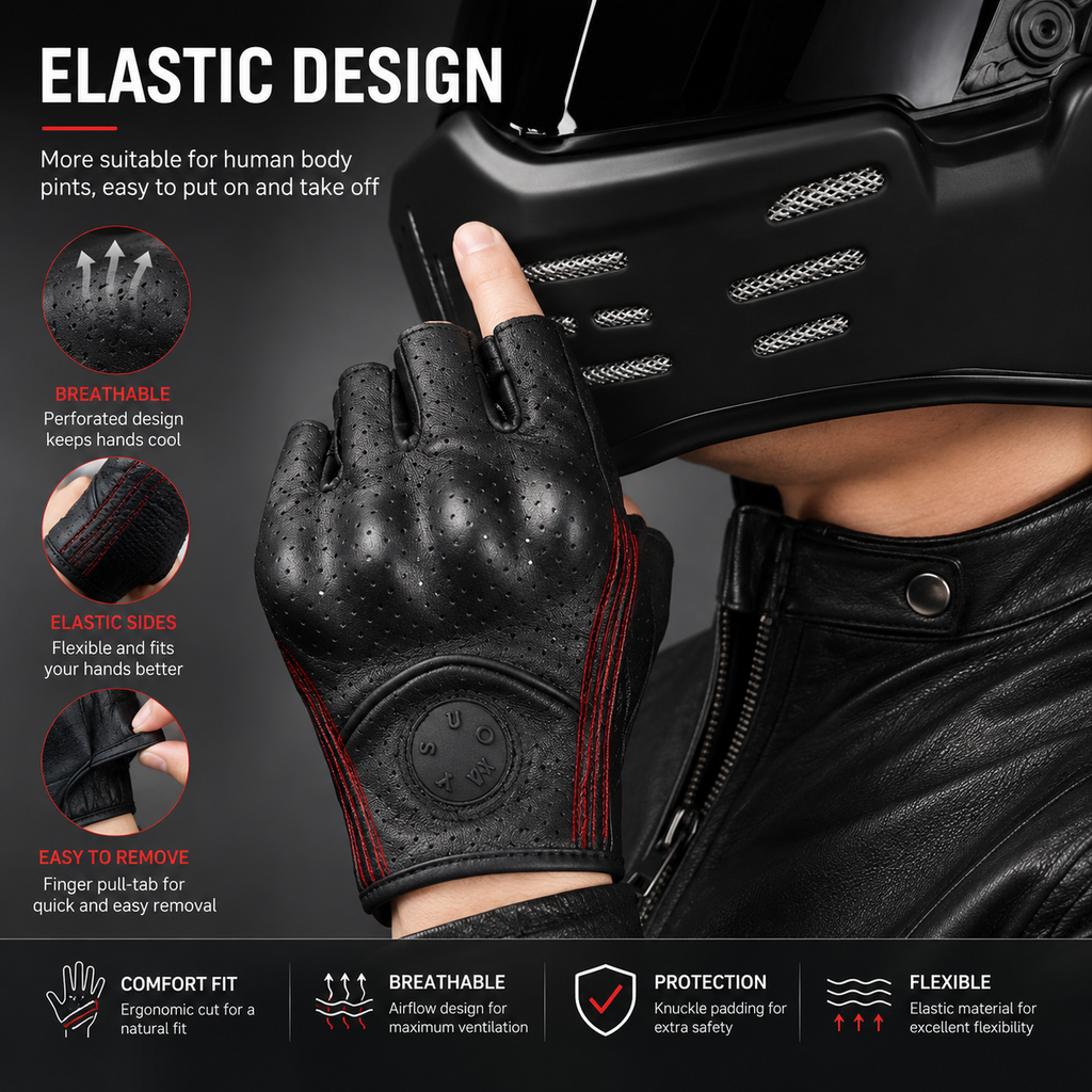 Black fingerless motorcycle glove with red stitching and a perforated design, shown being worn with a helmet. The image includes marketing text and feature callouts for elastic design, breathability, side flexibility, and easy removal.