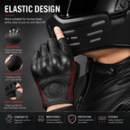 Black fingerless motorcycle glove with red stitching and a perforated design, shown being worn with a helmet. The image includes marketing text and feature callouts for elastic design, breathability, side flexibility, and easy removal.