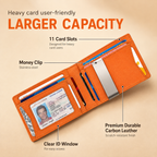 An open orange bifold wallet with callout text highlighting features such as 11 card slots, a money clip, clear ID window, and durable carbon leather on a beige background.