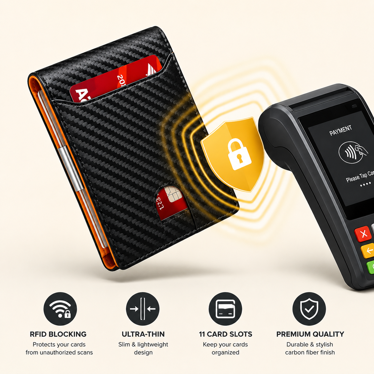 A slim black carbon-fiber-pattern wallet shown next to a payment terminal, with yellow graphic waves and a lock icon indicating secure contactless payment. Four feature icons below read RFID Blocking, Ultra-Thin, 11 Card Slots, and Premium Quality.
