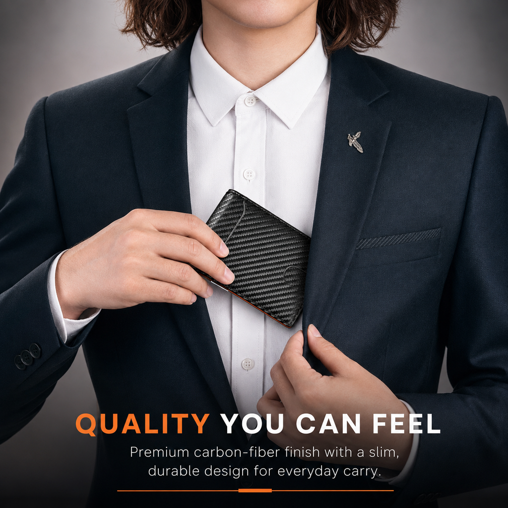 A man in a dark navy suit and white dress shirt holds a slim black carbon-fiber-textured wallet against his jacket. The image includes the text 'QUALITY YOU CAN FEEL' and a subtitle about premium carbon-fiber finish and durable design.