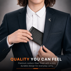A man in a dark navy suit and white dress shirt holds a slim black carbon-fiber-textured wallet against his jacket. The image includes the text 'QUALITY YOU CAN FEEL' and a subtitle about premium carbon-fiber finish and durable design.