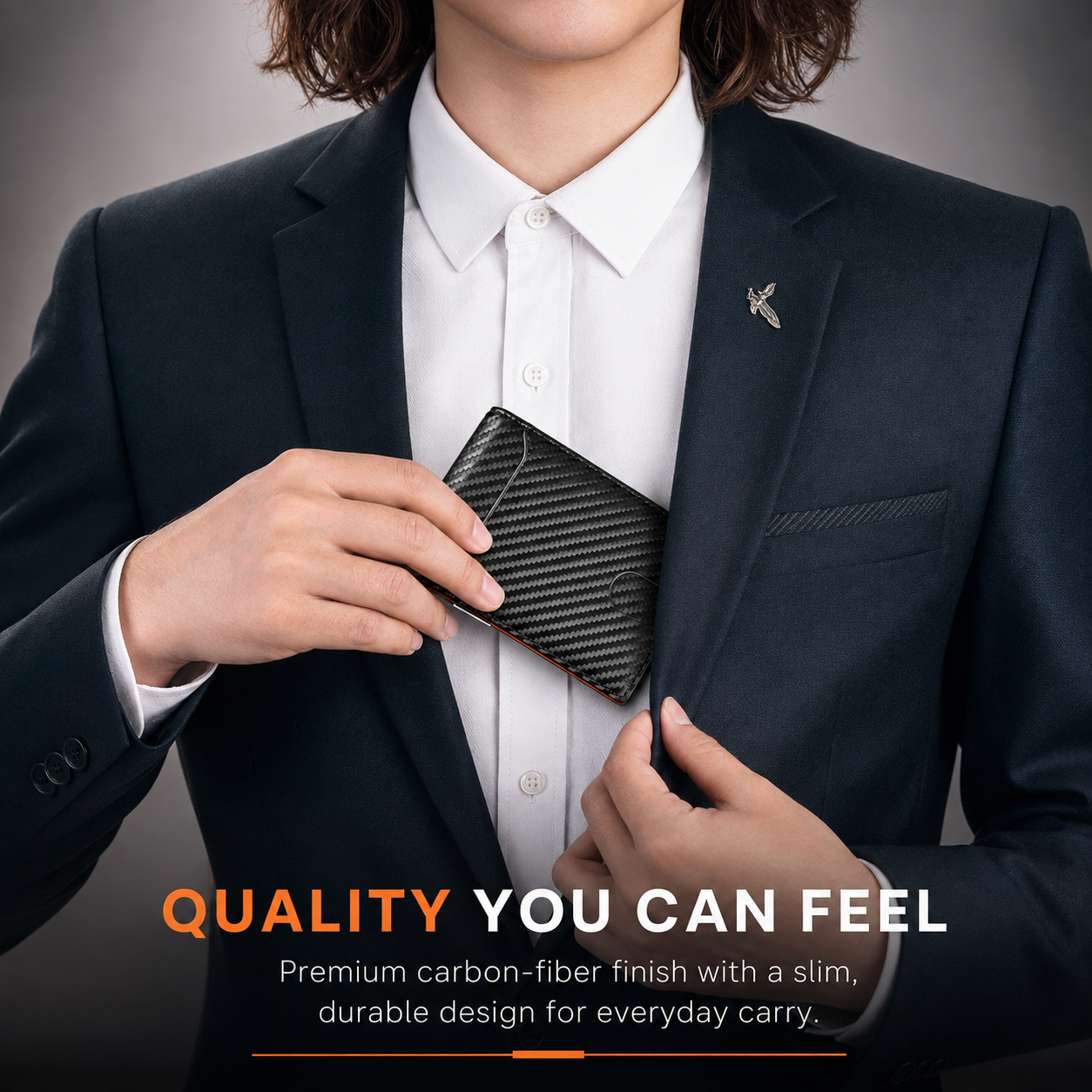 A man in a dark navy suit and white dress shirt holds a slim black carbon-fiber-textured wallet against his jacket. The image includes the text 'QUALITY YOU CAN FEEL' and a subtitle about premium carbon-fiber finish and durable design.