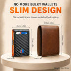 Two slim card wallets displayed on a round pedestal with measurement labels and marketing text. The left wallet is black carbon-fiber textured with orange side accents and a small blue/red logo; the right wallet is brown leather.