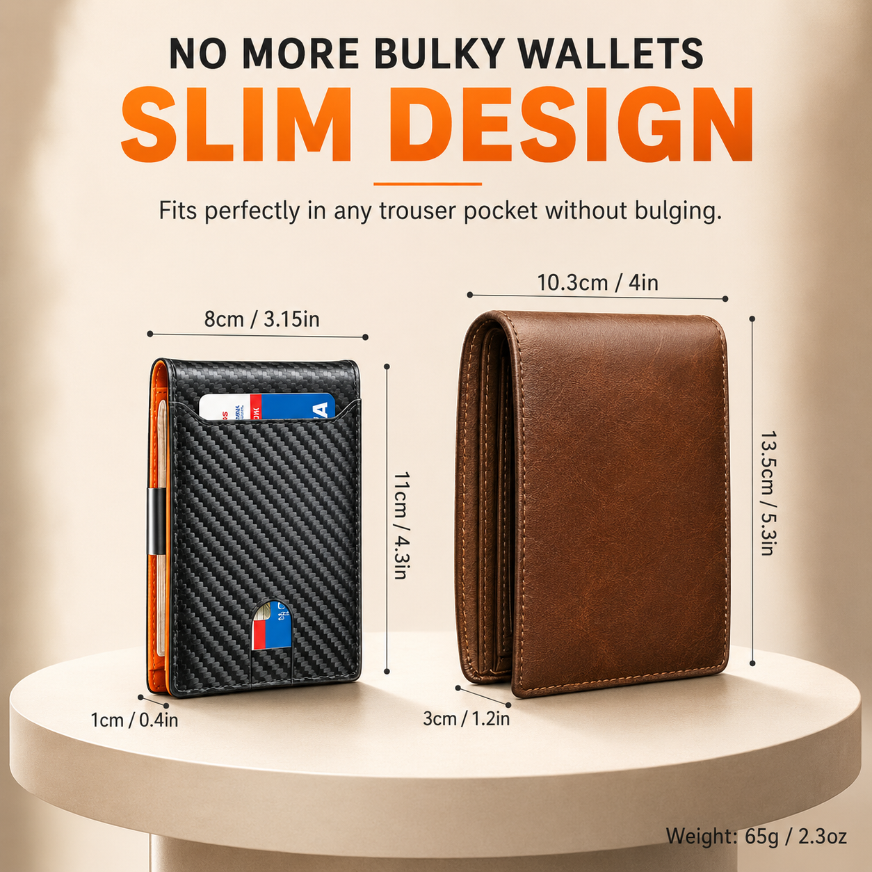 Two slim card wallets displayed on a round pedestal with measurement labels and marketing text. The left wallet is black carbon-fiber textured with orange side accents and a small blue/red logo; the right wallet is brown leather.