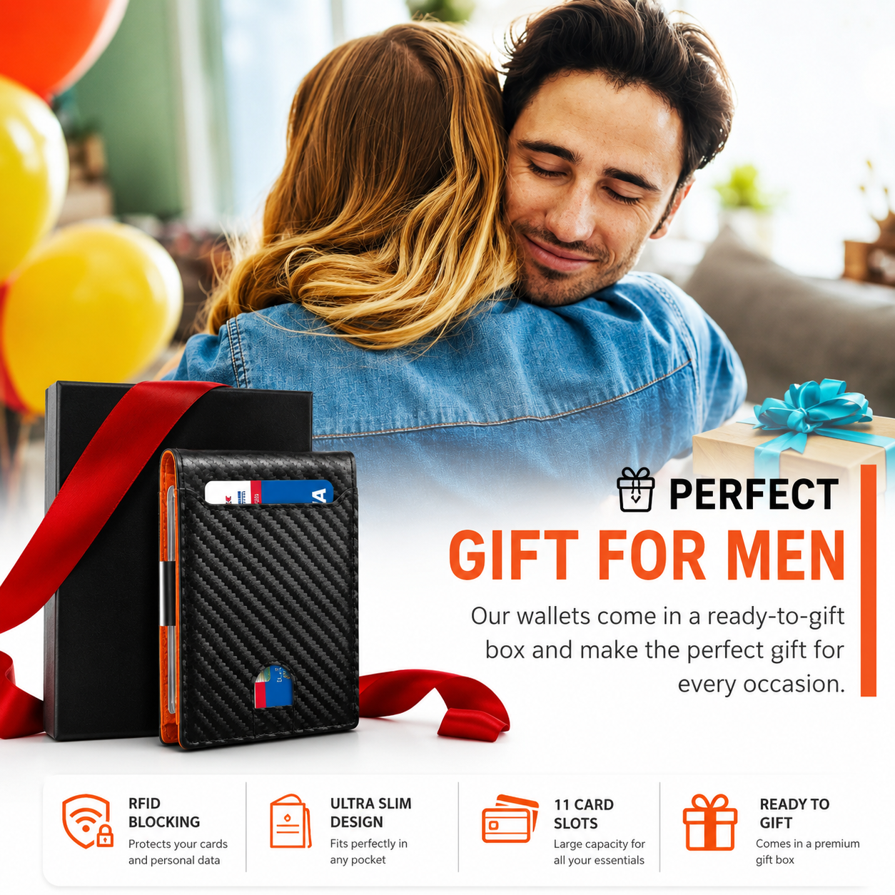 A promotional ad showing a man and woman hugging in a bright indoor setting, with a black carbon-fiber-pattern wallet and a black gift box with a red ribbon in the foreground. Large text reads 'PERFECT GIFT FOR MEN' and feature icons mention RFID blocking, ultra slim design, 11 card slots, and ready-to-gift packaging.