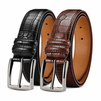 Two rolled leather belts with silver-tone buckles, one black and one brown, displayed on a clean white background.