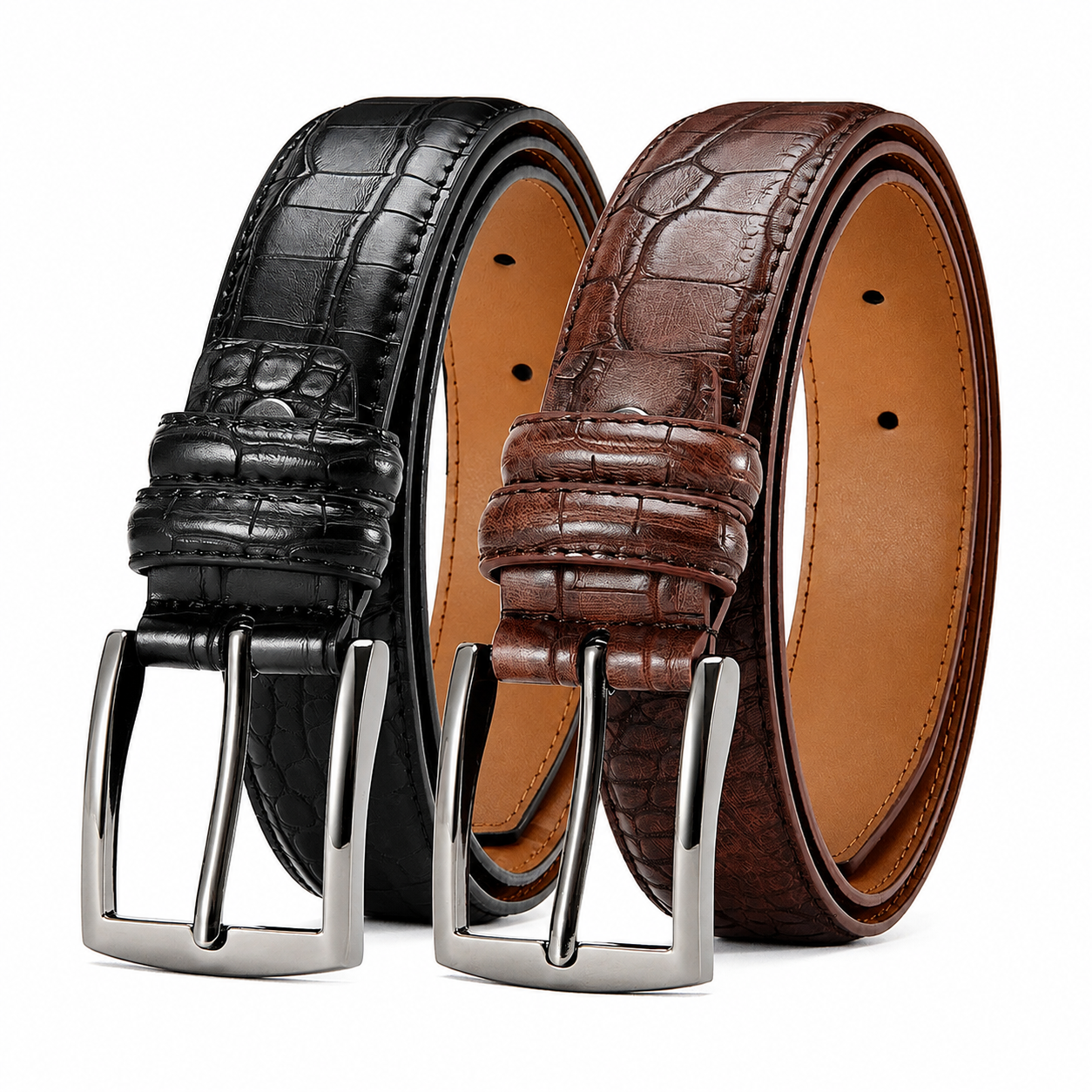 Two rolled leather belts with silver-tone buckles, one black and one brown, displayed on a clean white background.