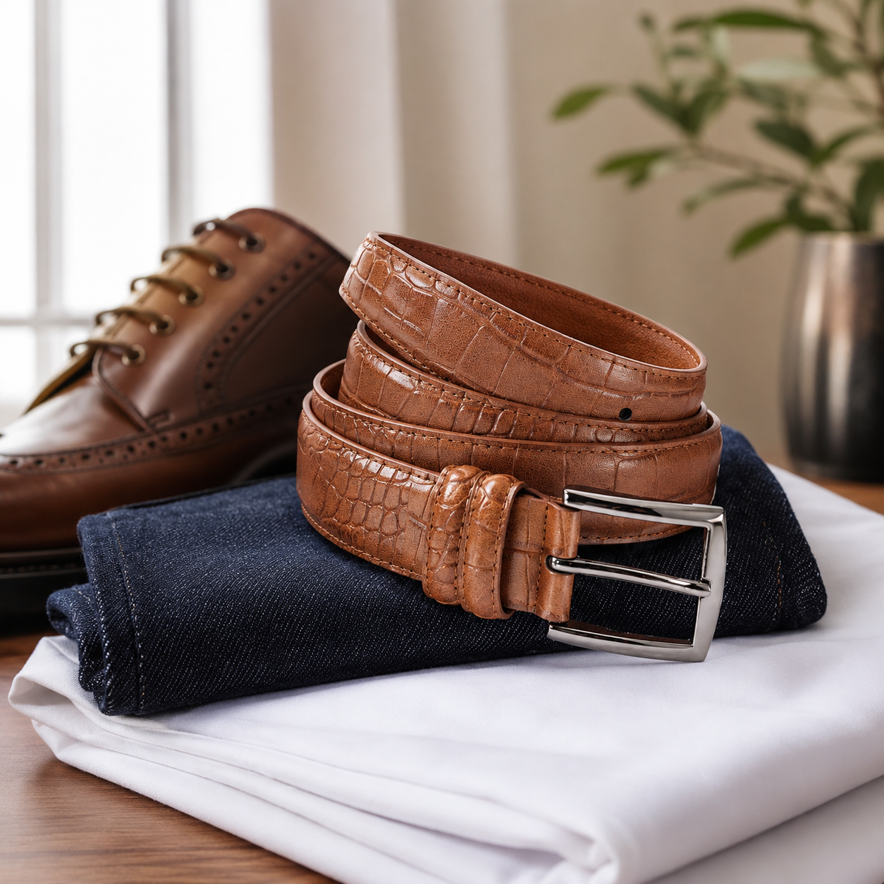 A brown crocodile-embossed leather belt with a silver buckle, coiled on top of folded navy and white trousers, with a brown oxford shoe blurred in the background near a window and potted plant.