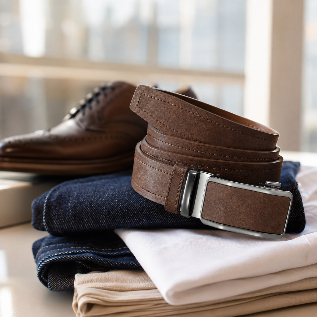 Men’s Vegan Leather Automatic Ratchet Belt – Adjustable Business & Casual Belt