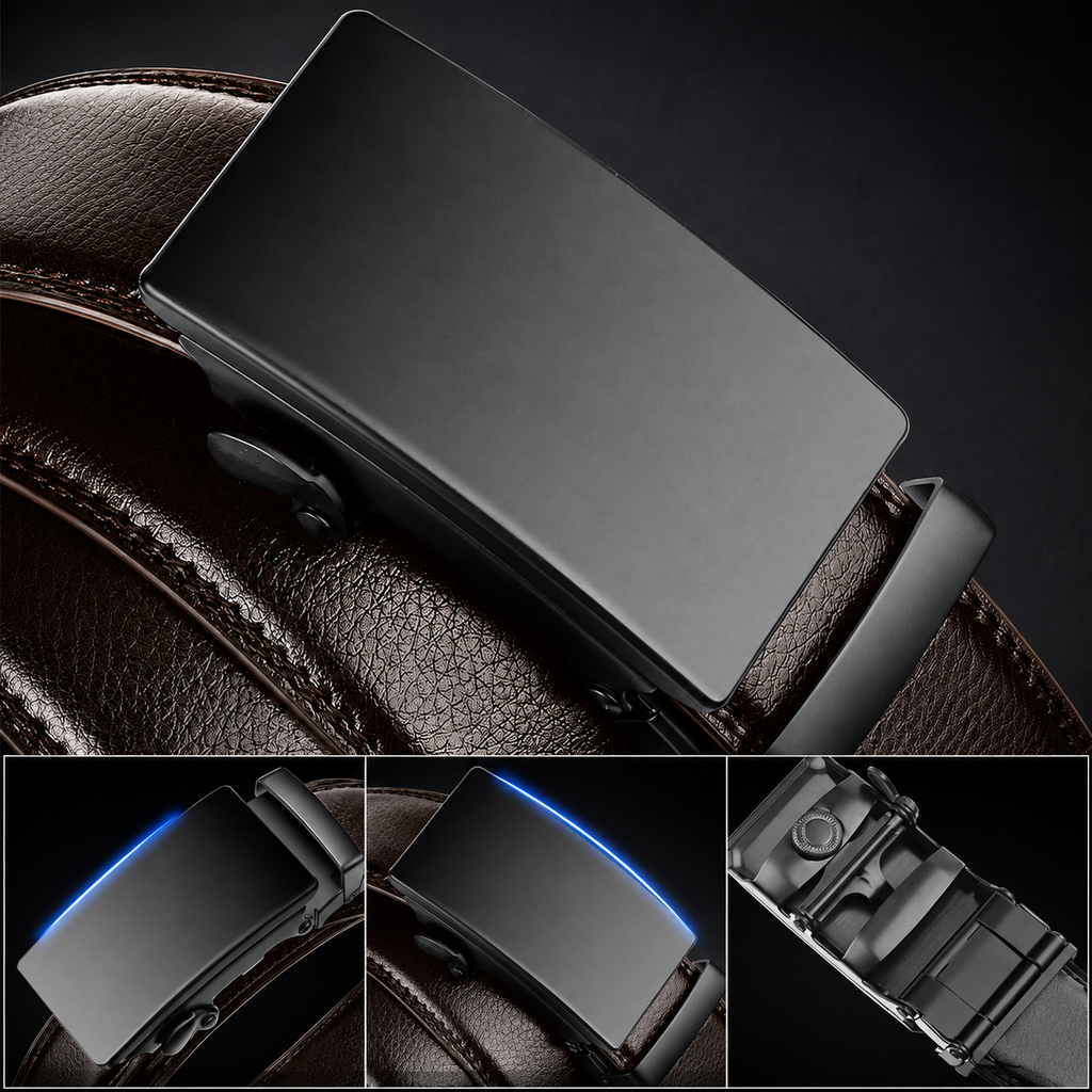 A close-up of a dark metallic automatic belt buckle attached to a brown leather belt, with three smaller detail inset images showing the buckle from different angles on a dark background.