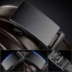 A close-up of a dark metallic automatic belt buckle attached to a brown leather belt, with three smaller detail inset images showing the buckle from different angles on a dark background.