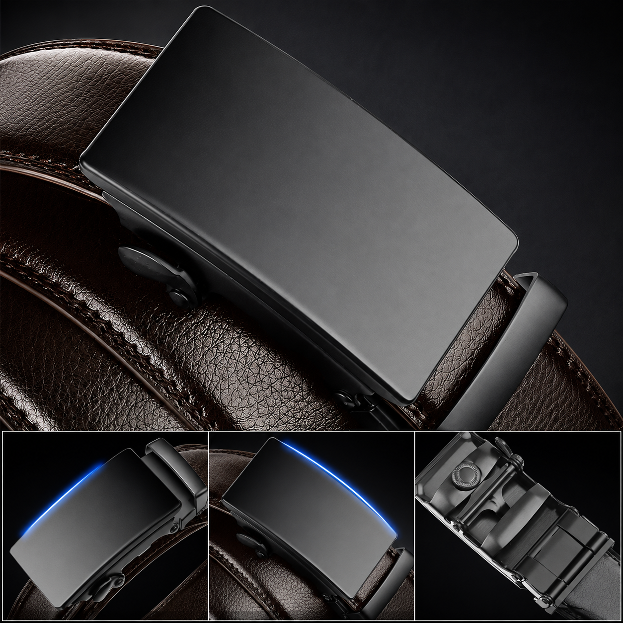 A close-up of a dark metallic automatic belt buckle attached to a brown leather belt, with three smaller detail inset images showing the buckle from different angles on a dark background.