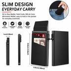Black slim minimalist wallet shown in multiple views with text callouts, dimensions, and feature icons including RFID protection, lightweight slim design, multiple card slots, and minimalist design. A circular inset shows the wallet being worn in a pocket.