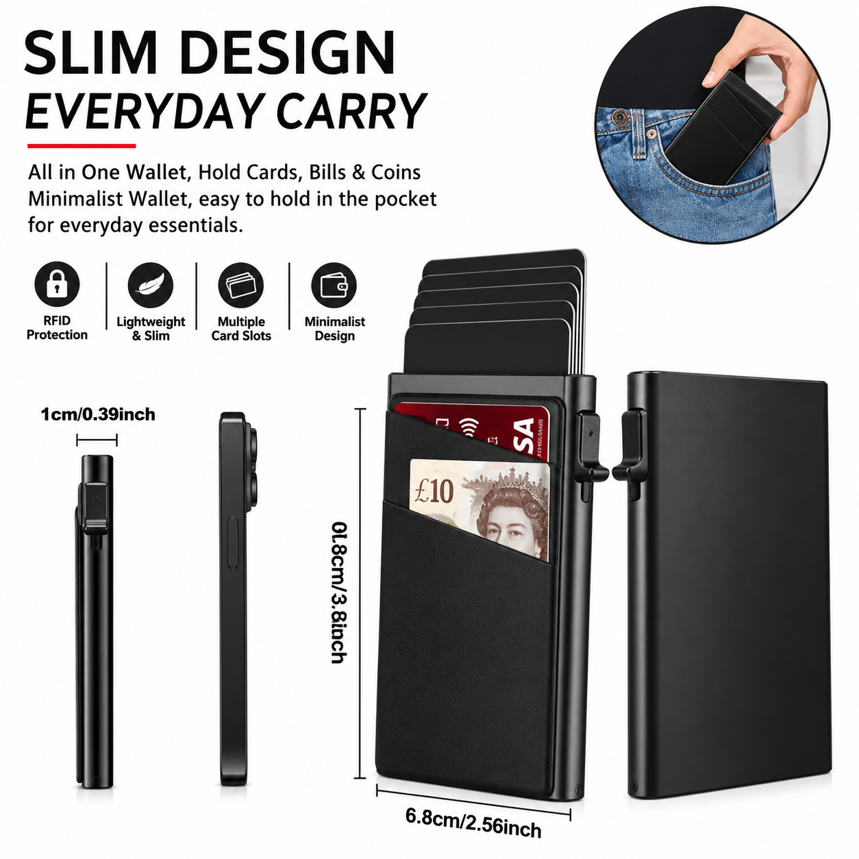 Black slim minimalist wallet shown in multiple views with text callouts, dimensions, and feature icons including RFID protection, lightweight slim design, multiple card slots, and minimalist design. A circular inset shows the wallet being worn in a pocket.