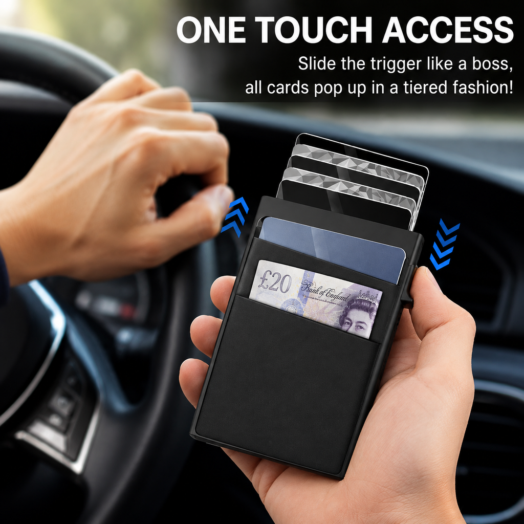 A black slim cardholder wallet held in a hand inside a car, with text reading 'ONE TOUCH ACCESS' and a demonstration of cards popping out. The wallet contains ID cards and a £20 note.