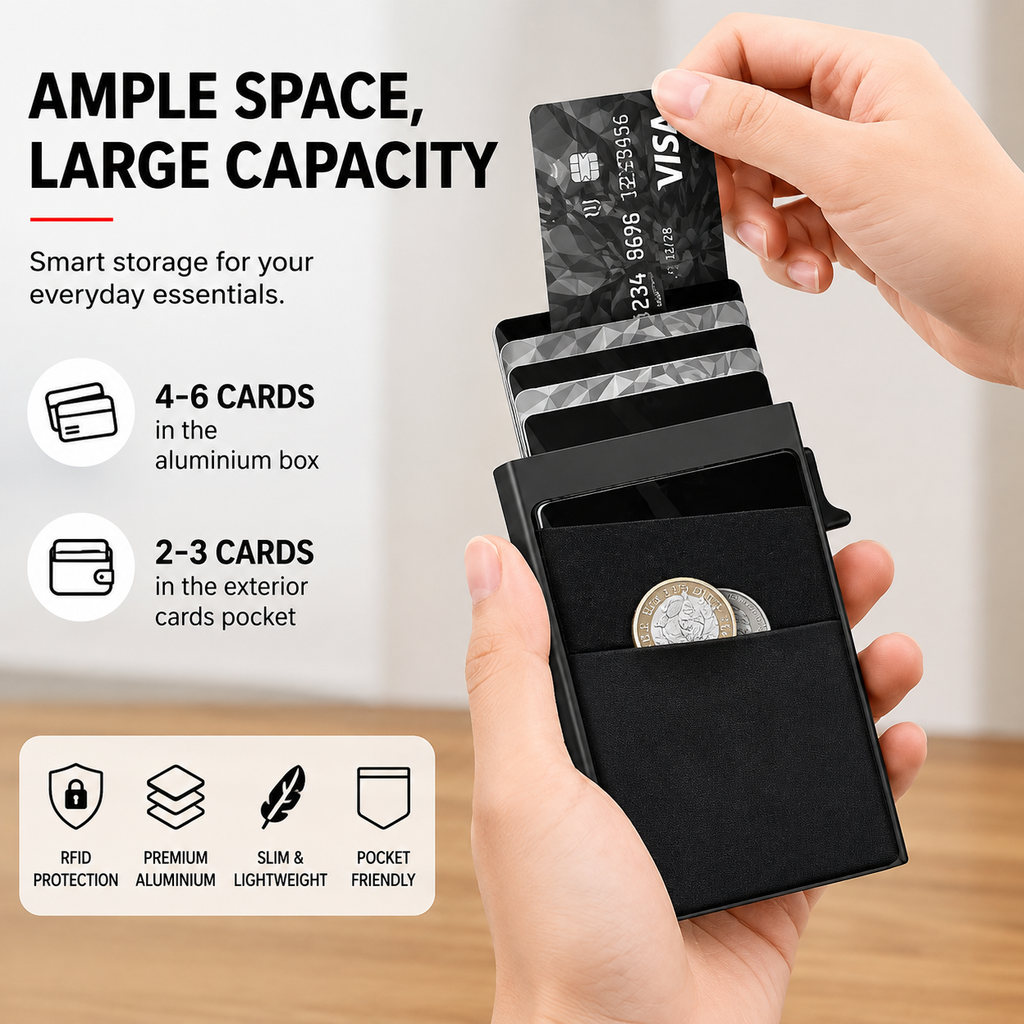 A black slim card holder wallet being held in a hand, with cards and coins visible inside. The image includes marketing text and feature icons highlighting ample storage space, 4-6 cards in the aluminium box, 2-3 cards in the exterior pocket, RFID protection, premium slim/lightweight construction, and a pocket-friendly design.