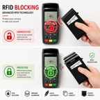 A promotional comparison graphic for a ZTEK RFID blocking payment terminal, showing an unprotected top half with a hand holding an unshielded card and a red lock icon, and a protected bottom half with a hand holding a shielded card and a green lock icon. Text highlights RFID blocking technology, and feature icons along the bottom mention RFID blocking, premium aluminum, slim & lightweight, large capacity, and pocket friendly.