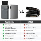 A comparison graphic showing an aluminium slim cardholder wallet on the left and a black bi-fold wallet on the right under the heading 'VS.', with a feature checklist below comparing aluminium and bi-fold attributes.