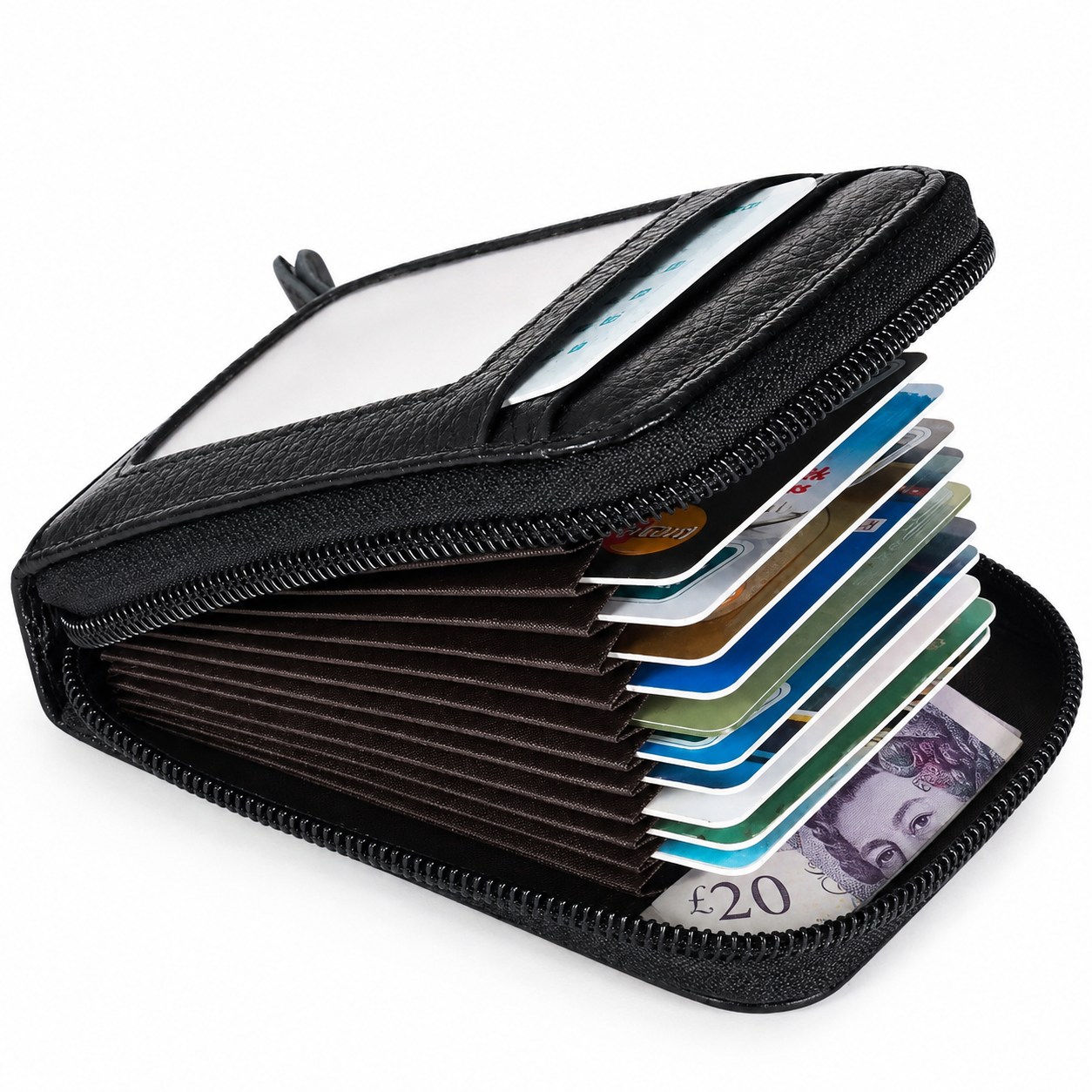 A black textured leather zip-around wallet shown open, with multiple card slots filled with credit cards and a 20-pound note visible inside, on a white background.