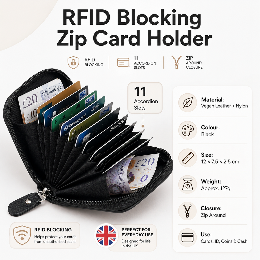 RFID Blocking Zip Card Holder Wallet – 12 Slot Vegan Leather Accordion Wallet
