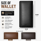 Black wallet with dimensions and features listed, including card slots and full-length slots.