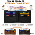 Black wallet with card slots and money compartments, featuring brand logos and text about smart storage and everyday convenience.