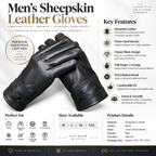 A men's black sheepskin leather glove shown on a black background with promotional text, key features, sizing, and product details. The glove is a fitted dress-style glove with a wrist button closure.