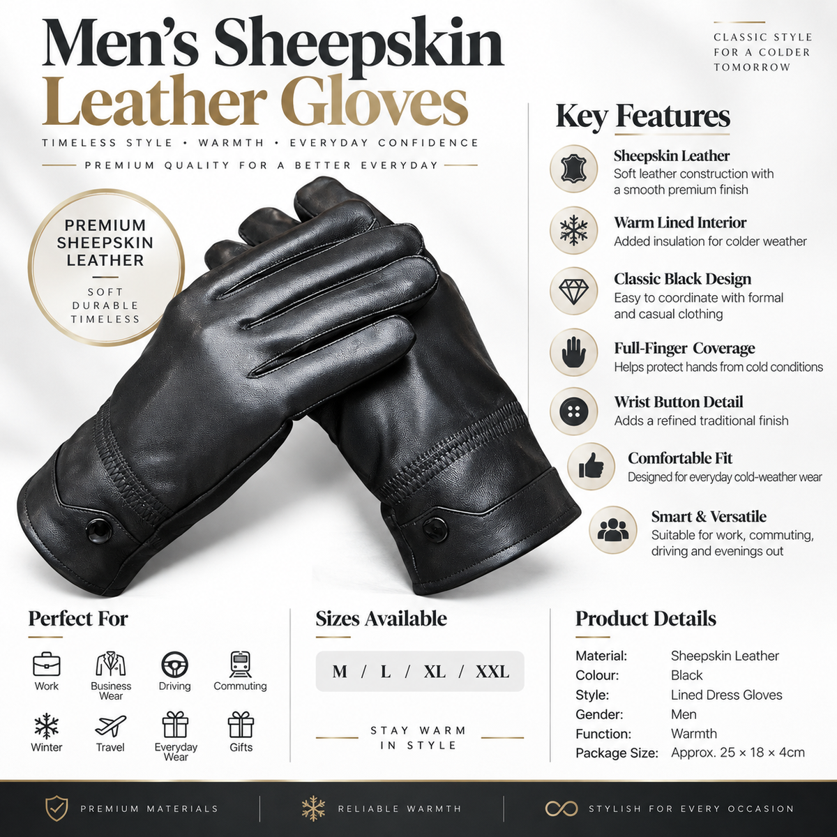 A men's black sheepskin leather glove shown on a black background with promotional text, key features, sizing, and product details. The glove is a fitted dress-style glove with a wrist button closure.