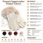A pair of women's vegan leather winter gloves in cream white, shown on a white background with informational text overlays detailing features, colors, and packaging.