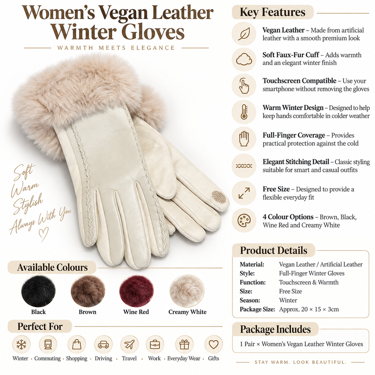 A pair of women's vegan leather winter gloves in cream white, shown on a white background with informational text overlays detailing features, colors, and packaging.