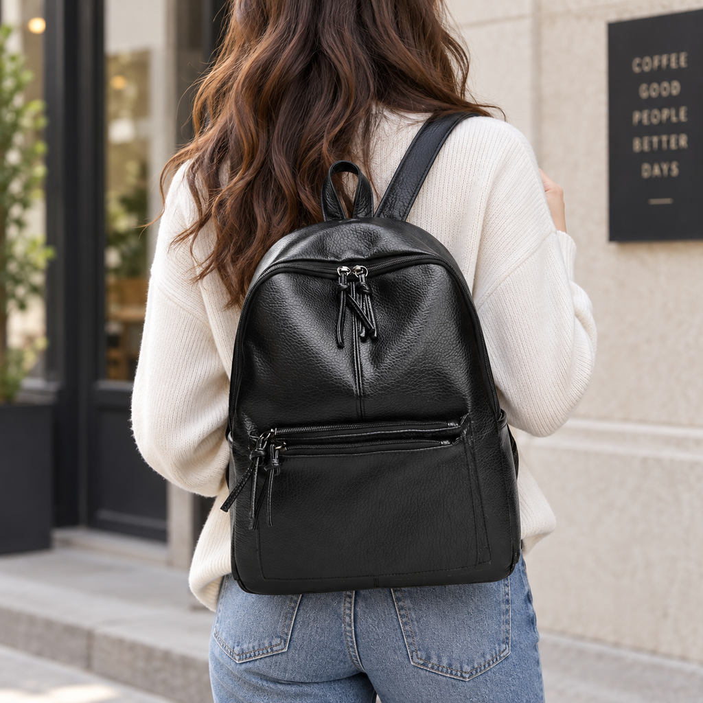 A woman viewed from behind wearing a black pebbled leather backpack with a top zip closure and a front zip pocket, standing outdoors in front of a building wall.