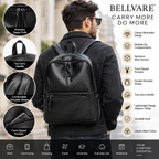 A man wearing a black pebbled leather Bellvare backpack, shown from the back. The image features circular close-up callouts of the backpack's features (zipper pulls, top carry handle, shoulder straps, front zip pockets) on the left and a list of product features on the right, all under the Bellvare brand logo.