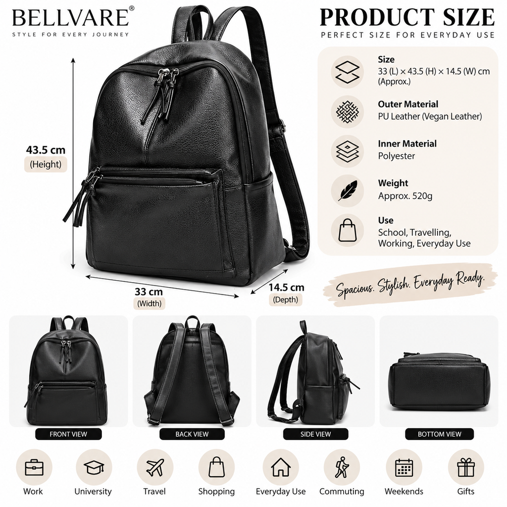 Black leather backpack shown with product dimensions and multiple view illustrations on a white background. The image includes the Bellare brand name, product size measurements, material details, and front/back/side/bottom view icons.
