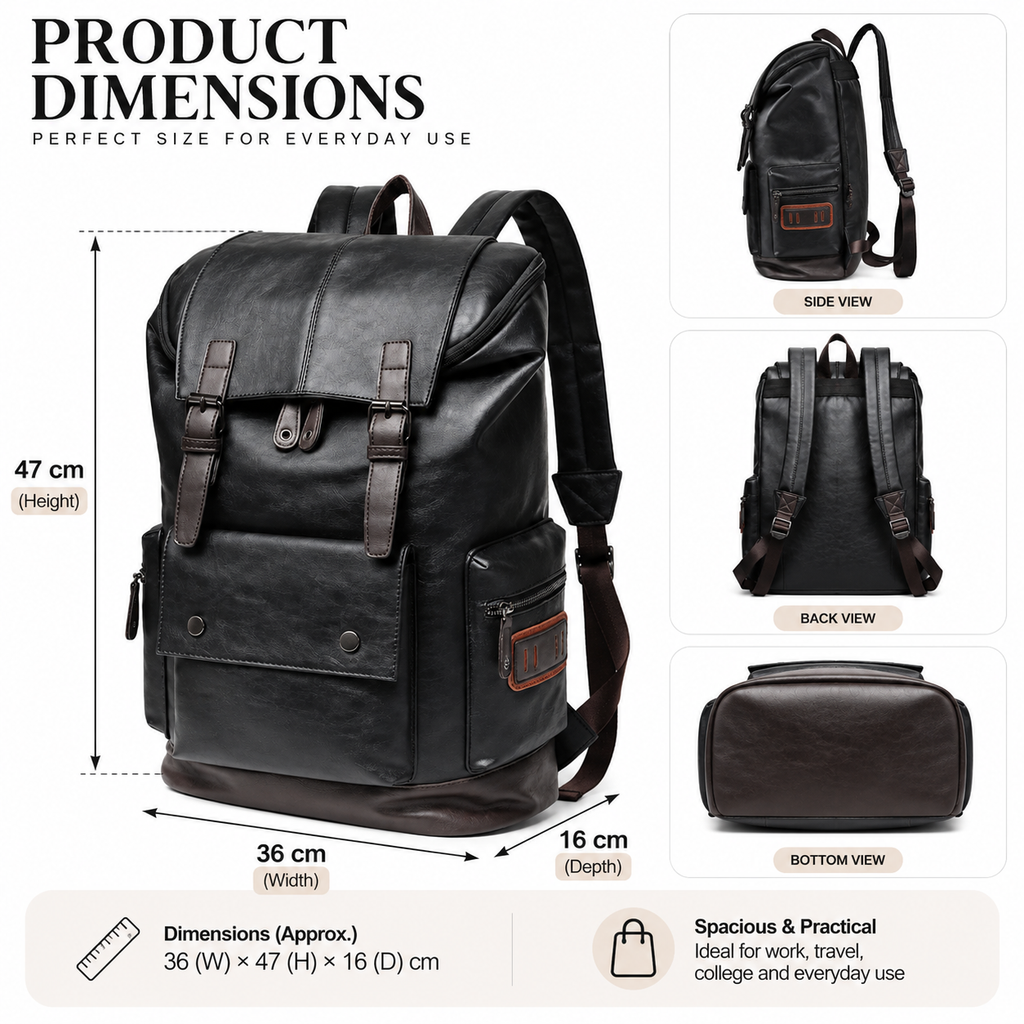 Product dimensions diagram for a black leather backpack, showing the main front view with height, width, and depth measurements, plus side, back, and bottom view insets on a light beige background.